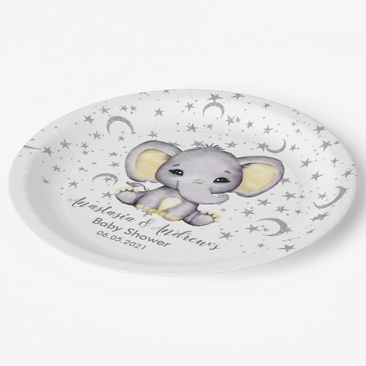 かわいい黄色の赤ちゃんシャワーエレファント ペーパープレート (アングル)