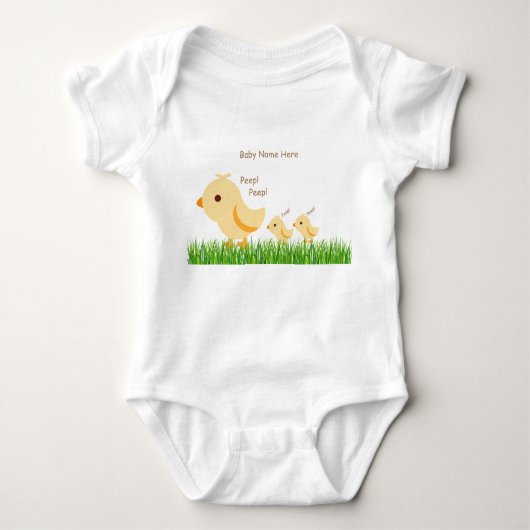 かわいい黄色の赤ちゃんニワトリ ベビーボディスーツ (正面)