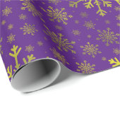 かわいい黄色の金ゴールドクリスマススノーフレークon紫 ラッピングペーパー (ロールコーナー)