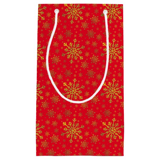 かわいい黄色の金ゴールドクリスマススノーフレークon Red スモールペーパーバッグ (正面)