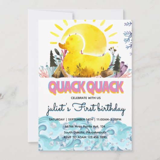 かわいい黄色の1番目のゴム鴨の誕生日招待状 招待状 (正面)