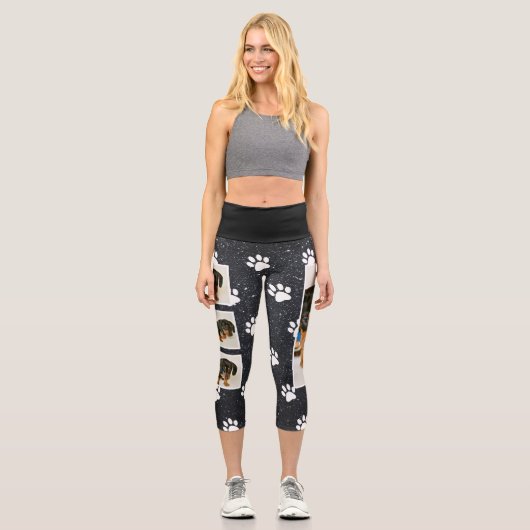 かわいい黒いグリッター犬の写真付きペープリント カプリレギンス (正面)