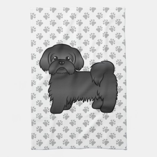 かわいい黒いシーズー犬のイラスト キッチンタオル (縦)