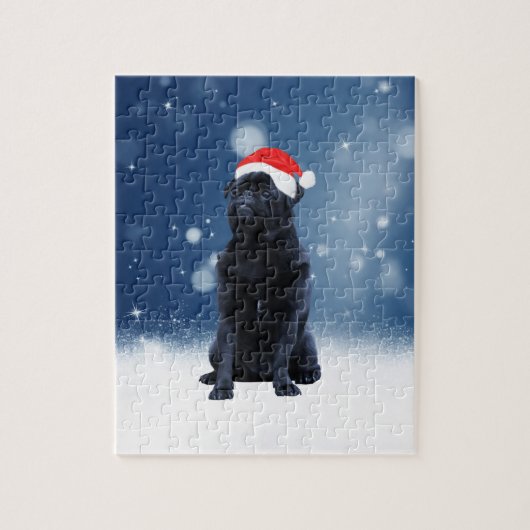 かわいい黒いパグドッグクリスマスサンタハット雪の星 ジグソーパズル (縦)