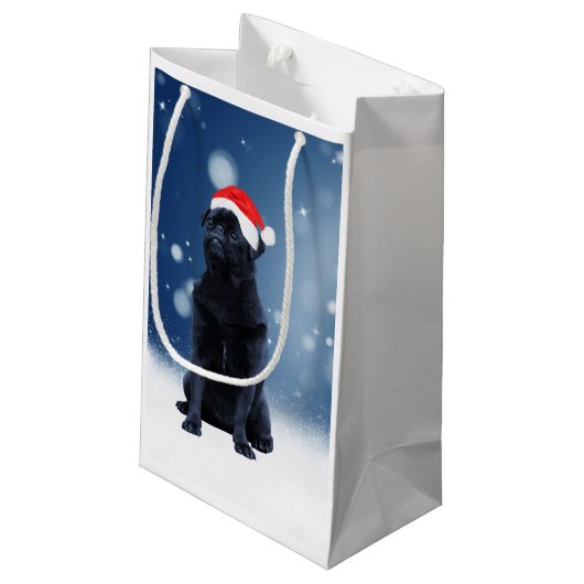 かわいい黒いパグドッグクリスマスサンタハット雪の星 スモールペーパーバッグ (裏面アングル)