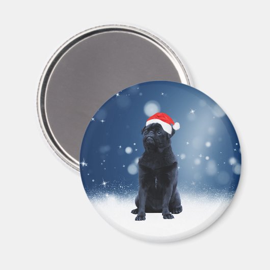 かわいい黒いパグドッグクリスマスサンタハット雪の星 マグネット (正面/裏面)