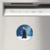 かわいい黒いパグドッグクリスマスサンタハット雪の星 マグネット (インサイチュ (食洗機))