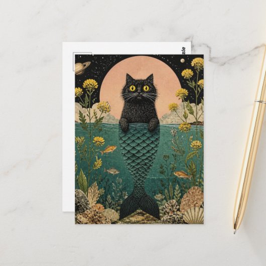 かわいい黒い人魚の子猫 ポストカード (正面/裏面インサイチュ)