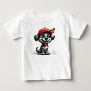 かわいい黒い子犬と蝶々のかわいい動物 ベビーTシャツ