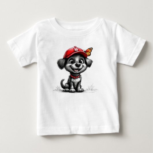 かわいい黒い子犬と蝶々のかわいい動物 ベビーTシャツ (正面)