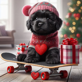 かわいい黒い子犬オンスケートボードおもしろいバレンタイン シーズンカード