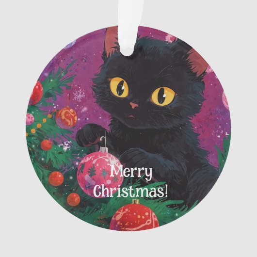 かわいい黒い子猫とクリスマスツリー オーナメント (正面)
