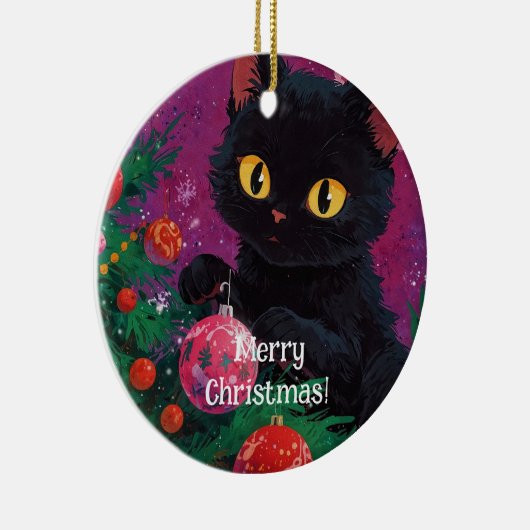 かわいい黒い子猫とクリスマスツリー セラミックオーナメント (右)