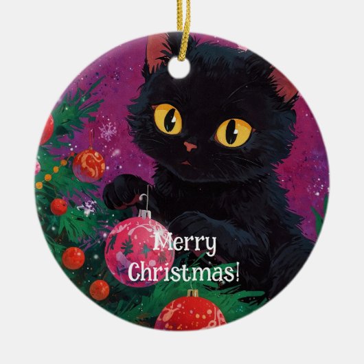 かわいい黒い子猫とクリスマスツリー セラミックオーナメント (正面)