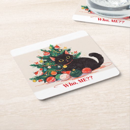 かわいい黒い子猫の後ろ姿 – クリスマス スクエアペーパーコースター (アングル)