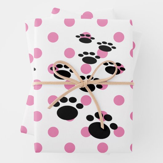 かわいい黒い漫画のペットの足と水玉模様 ラッピングペーパーシート (インサイチュ)