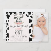 かわいい黒い牛のプリント写真ホーリーカウー1歳の誕生日 招待状 (正面)