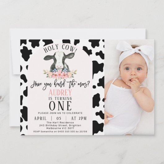 かわいい黒い牛のプリント写真ホーリーカウー1歳の誕生日 招待状 (正面)