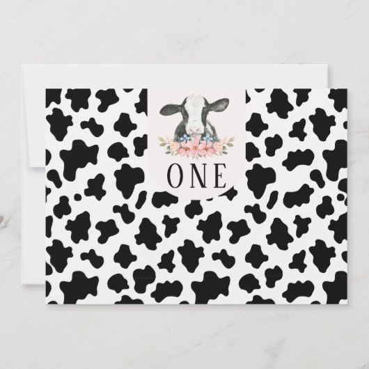 かわいい黒い牛のプリント写真ホーリーカウー1歳の誕生日 招待状 (裏面)
