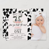 かわいい黒い牛のプリント写真ホーリーカウー1歳の誕生日 招待状 (正面/裏面)