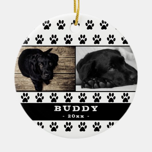 かわいい黒い肉球柄の犬のフォトコラージュの記念品 セラミックオーナメント (正面)