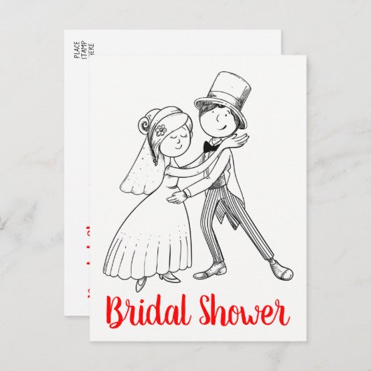 かわいい黒い赤い花嫁さん漫画のブライダルシャワー インビテーションポストカード (正面/裏面)