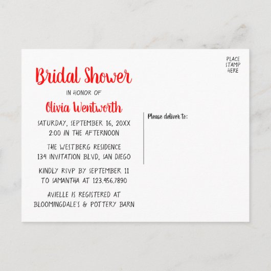 かわいい黒い赤い花嫁さん漫画のブライダルシャワー インビテーションポストカード (裏面)