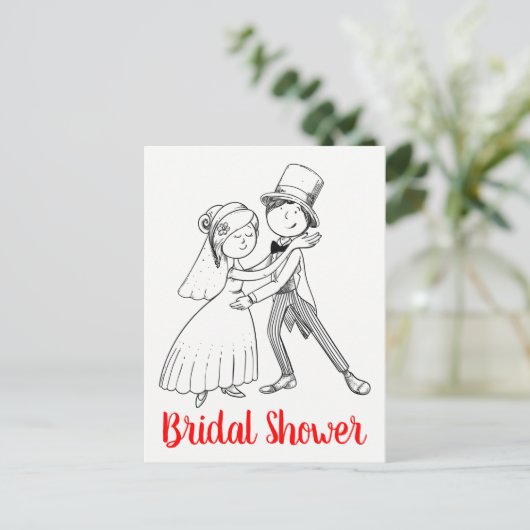 かわいい黒い赤い花嫁さん漫画のブライダルシャワー インビテーションポストカード (スタンド正面)