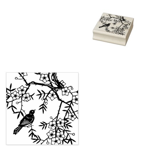 かわいい黒い鳥の木の枝の花の果実 ラバースタンプ (押印)
