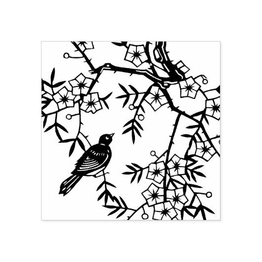 かわいい黒い鳥の木の枝の花の果実 ラバースタンプ (インプリント)
