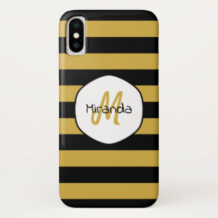 かわいい黒い黄色いビーストライプの名前とモノグラム iPhone X ケース