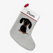 かわいい黒およびタンのダックスフントの漫画のウインナー犬 スモールクリスマスストッキング (正面 (吊り時))