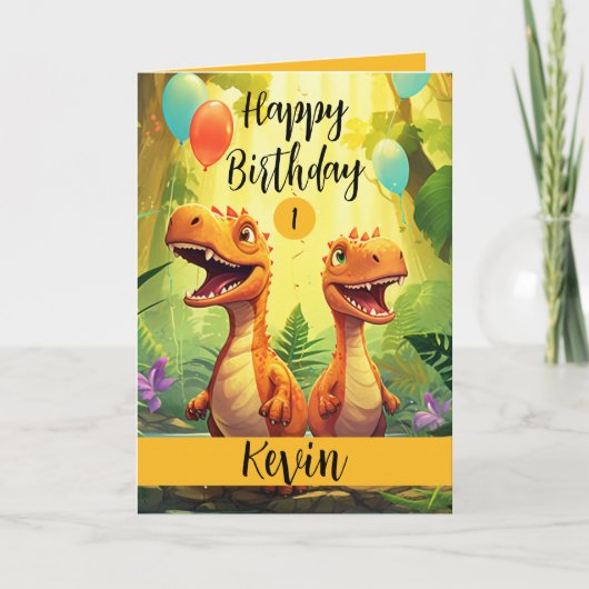 かわいい黒とオレンジのトレックスバルーン1st誕生日 カード (正面)