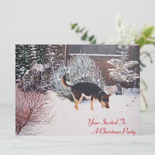 かわいい黒とタンの犬のクリスマスの雪のシーン 招待状 (スタンド正面)