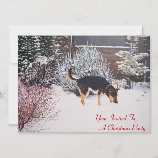 かわいい黒とタンの犬のクリスマスの雪のシーン 招待状 (正面)