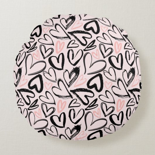 かわいい黒とピンクのバレンタインデーハート ラウンドクッション (正面)