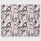 かわいい黒とピンクのバレンタインデーハート ラッピングペーパー (フラット)