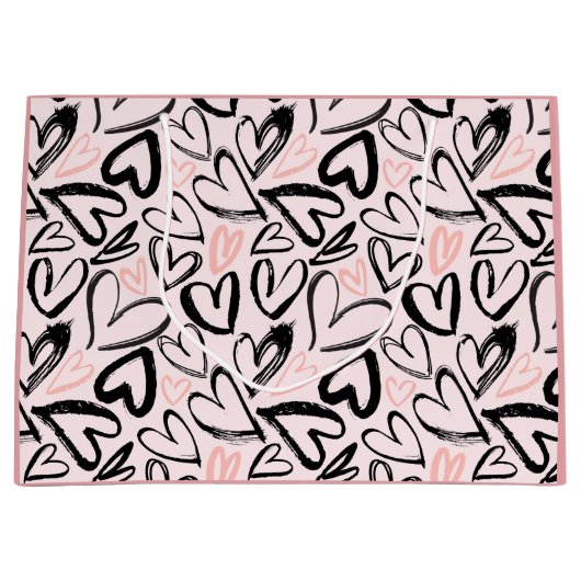 かわいい黒とピンクのバレンタインデーハート ラージペーパーバッグ (正面)