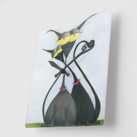 かわいい黒と灰色の猫漫画 スクエア壁時計 (傾斜)