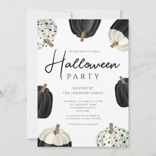 かわいい黒と白のカボチャのハロウィーン 招待状 (正面)