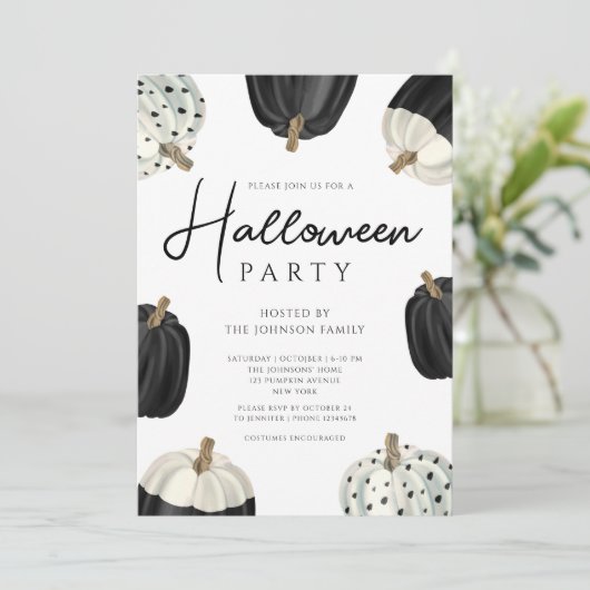 かわいい黒と白のカボチャのハロウィーン 招待状 (スタンド正面)