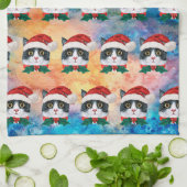かわいい黒と白のクリスマス猫の顔柄 キッチンタオル (折り畳み)