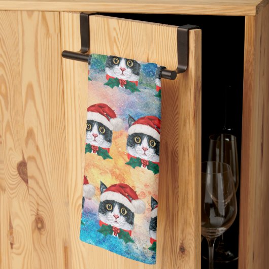 かわいい黒と白のクリスマス猫の顔柄 キッチンタオル (三つ折り)