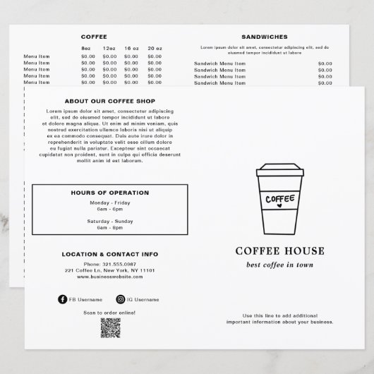 かわいい黒と白のコーヒーカップ カフェ メニュー (正面/裏面)