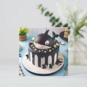 かわいい黒と白のシャチの誕生日ケーキ カード (スタンド正面)