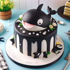かわいい黒と白のシャチの誕生日ケーキ カード