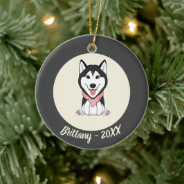 かわいい黒と白のハスキー犬 セラミックオーナメント