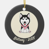 かわいい黒と白のハスキー犬 セラミックオーナメント (正面)
