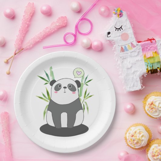 かわいい黒と白のパンダを竹に ペーパープレート (パーティー)