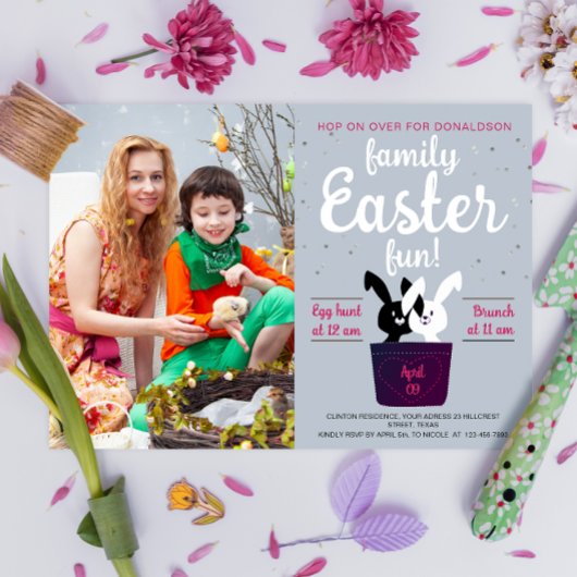 かわいい黒と白のブンニーズ復活祭パーティー写真 招待状